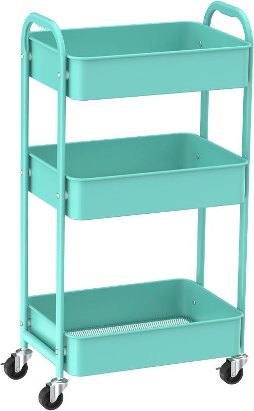 Photo 1 of 3-Tier Kitchen Cart Multifunctional Rolling Utility Cart with Lockable Wheels?Storage Craft Art Cart Trolley Organizer Serving Cart Easy Assembly for Office, Bathroom, Kitchen,Nursery?Turquoise?