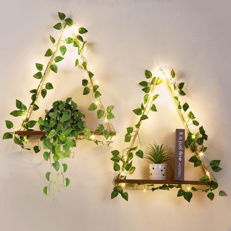 Photo 1 of Ivy Lighting Organize String Wooden Hanging Shelves Braided Rope[Set of 2],Floating Shelves for Living Room Wall Decor,Hanging Plant Wall Shelf