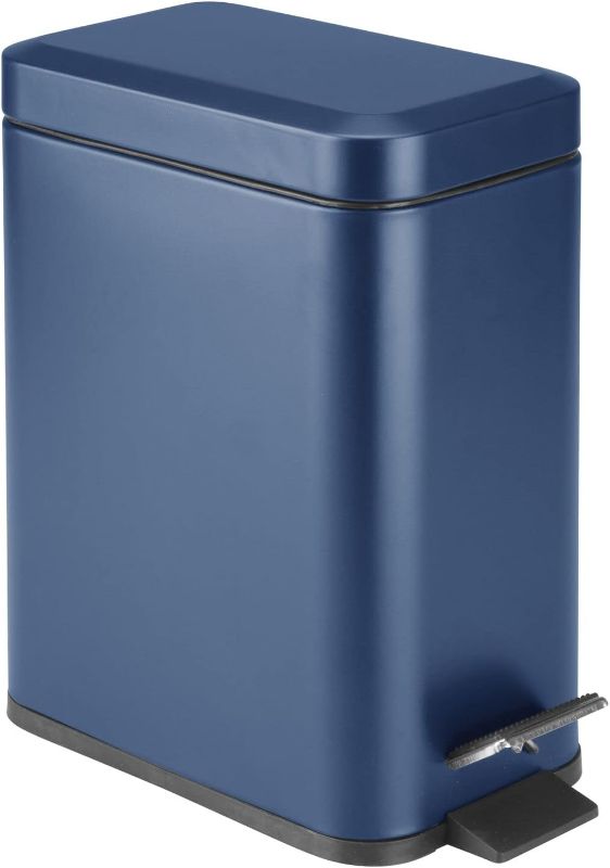 Photo 1 of mDesign Small Modern 1.3 Gallon Rectangle Metal Lidded Step Trash Can, Compact Garbage Bin with Removable Liner Bucket and Handle for Bathroom, Kitchen, Craft Room, Office, Garage - Navy Blue
