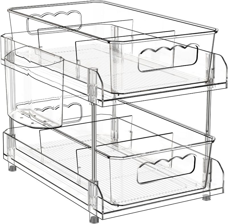 Photo 1 of DOMNIU 2 Tier Clear Organizer with Dividers, Pantry Organization and Storage Multi Purpose Slide-Out Bathroom Organizer, Kitchen Pantry Medicine Cabniet Bins, Under Sink Organizer with Hanging Cup
