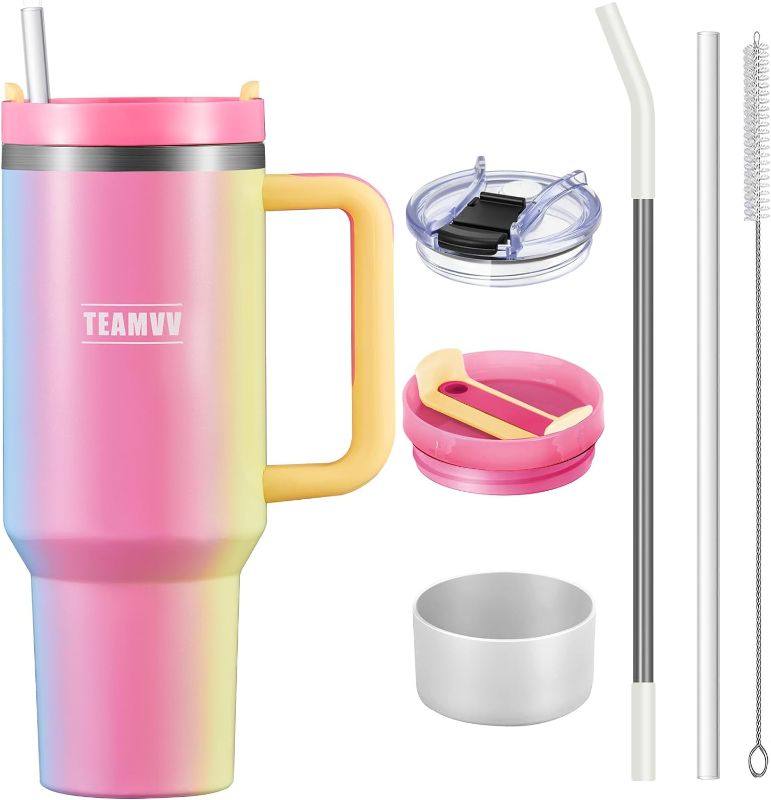 Photo 1 of TEAMVV 40 oz Tumbler with Handle and Straw Stainless Steel Vacuum Insulated Tumbler (Fairyland Pink)
