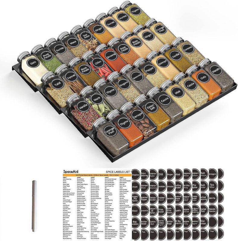 Photo 1 of SpaceAid Spice Drawer Organizer with 36 Spice Jars, 386 Spice Labels and Chalk Marker, 4 Tier Seasoning Rack Tray Insert for Kitchen Drawers, 16.75" Wide x 17.5" Deep
