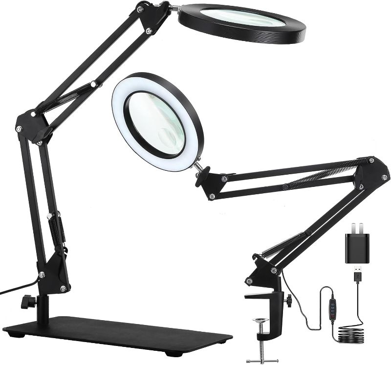 Photo 1 of 5X & 10X Magnifying Glass with Light and Stand, KIRKAS 2-in-1 Stepless Dimmable and 3 Color Modes LED Magnifying Desk Lamp, 10X Ultra-high Magnification Glass Lens for Precision Machinery Repair-Black
