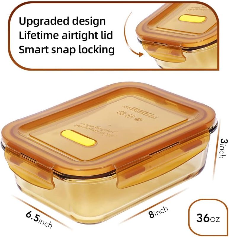 Photo 2 of 5 Pack 36oz Amber Glass Food Storage Container Meal Prep Containers Reusable Fridge Organizers Lunch Container for Adults Food Storage Containers with Lid Airtight Pizza Storage Salad Containers
