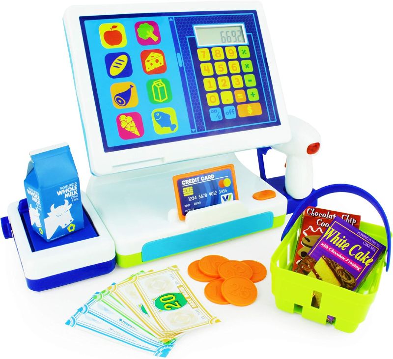 Photo 1 of Boley Millennial Tablet Cash Register Toy - Toy Cashier Station with AA Battery Calculator, Play Scanner and Credit Card Reader, Play Food - Great Learning Resource for Your Toddler!
