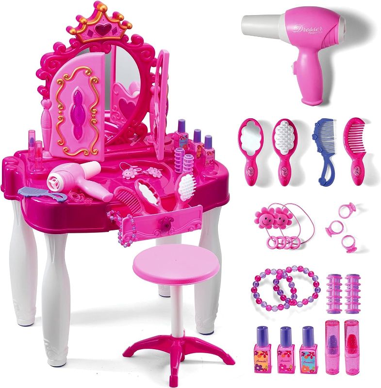 Photo 2 of Play22 Pretend Play Girls Vanity Set with Mirror and Stool 21 PCS - Kids Makeup Vanity Table Set with Lights and Sounds - Kids Beauty Salon Set Includes Fashion Hair & Makeup Accessories & Blowdryer
