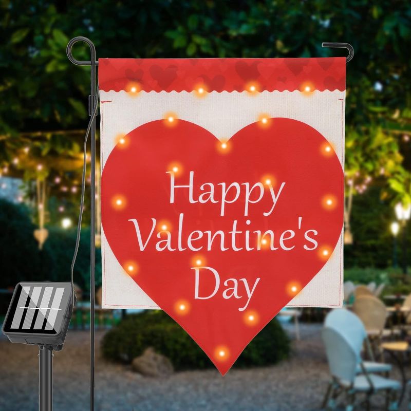 Photo 1 of 22 LED Solar Valentine's Day Garden Flag 8 Lighting Modes 12 x 18 Inch Double Sided Vertical Red Love Heart Garden Flag for Valentine's Day Garden Outdoor Yard Light Decoration
