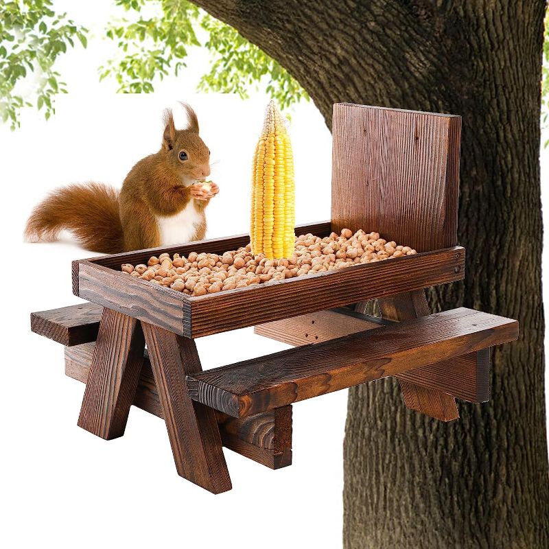 Photo 1 of YOUEON Wooden Squirrel Feeder with Corn Holder, Squirrel Picnic Table Feeder with Bench and Plank Squirrel Feeder Table Stable Squirrel Feeders for Outside, Garden, Yard, Holding Nuts, Fruits, Berries
