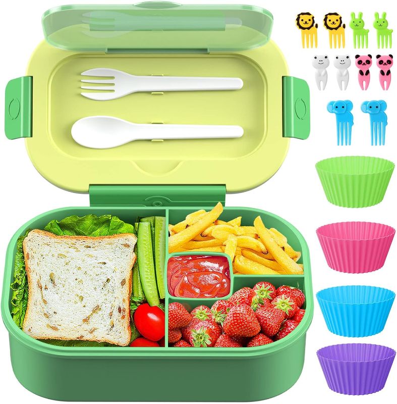 Photo 1 of TIME4DEALS Bento Lunch Box Kids/Adult - Leakproof 44oz Bento Box Lunch Containers 4 Compartment, Bento-Style Lunch Box with Cutlery, Reusable Child Back to School Meal/Snack Packing BPA Free (Green)
