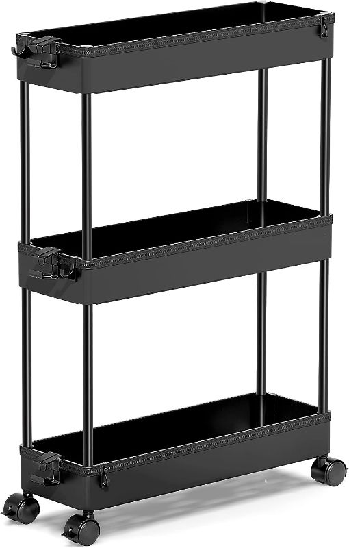 Photo 1 of SPACEKEEPER Slim Rolling Storage Cart, Laundry Room Organization, 3 Tier Mobile Utility Shelving Unit Bathroom Organizer Storage for Kitchen, Narrow Places(Black)
