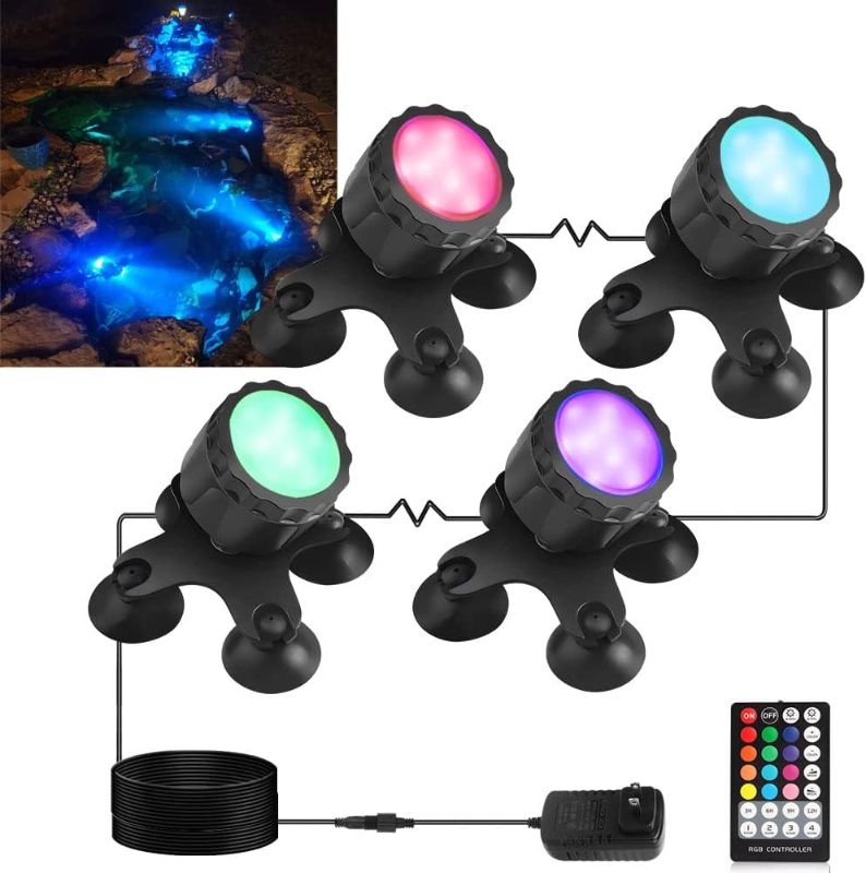 Photo 1 of Color Changing Spotlights, 12W LED Underwater Fountain Lights Pond Lights IP68 Waterproof Submersible Spotlights Multi-Color Dimmable Memory Adjustable for Halloween Garden Yard Pathway Tree, 6 Pack
