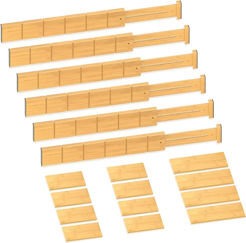 Photo 1 of Toydoooco Bamboo Drawer Dividers with 12 Inserts,16.3-22inches,Expandable Kitchen Drawer Organizer,Adjustable Drawer Separators for Bedroom Bathroom Dresser 6 Pack
