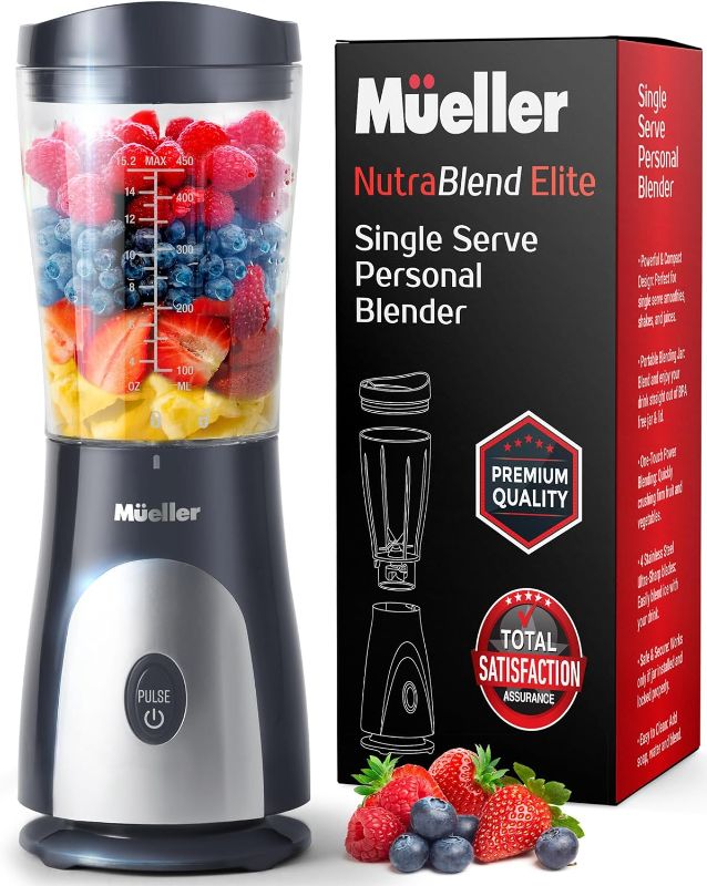 Photo 1 of Mueller Personal Blender for Shakes and Smoothies with 15 Oz Travel Cup and Lid, Juices, Baby Food, Heavy-Duty Portable Blender & Food Processor, (Black)
