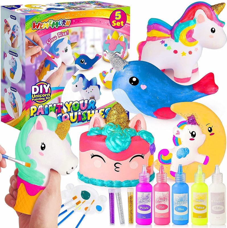 Photo 1 of WEMEMORN Unicorn Toys for Girls, Unicorn Arts Crafts Painting Kit - 5 Large Slow-Rise Unicorns Squeeze DIY Kit with Paints, Christmas Birthday Unicorn Gifts for 5, 6, 7, 8 Year Old Girls Boys Kids
