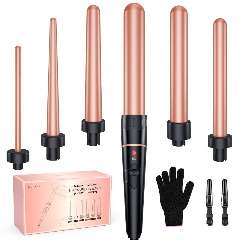 Photo 1 of Long Barrel Curling Iron Wand Set, BESTOPE PRO 6 in 1 Curling Wand Set with Ceramic Barrel for Long/Medium Hair, 0.35"-1.25" Interchangeable Hair Wand Curler, Dual Voltage, Include Glove & Clips
