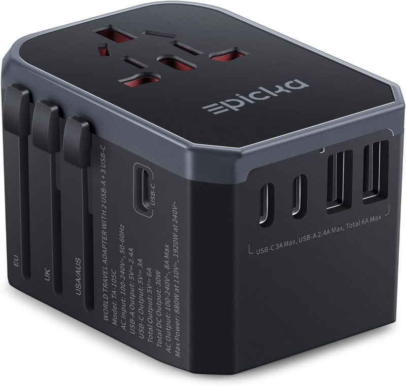 Photo 1 of  Universal Travel Adapter, International Power Plug Adapter with 3 USB-C and 2 USB-A Ports, All-in-One Worldwide Wall Charger for USA EU UK AUS (TA-105C, Black)