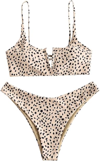 Photo 1 of ZAFUL Women's Leopard Bikini Set V Wired Animal Print Ribbed Colorblock Swimsuit High Cut Two Piece Swimwear
(Small)