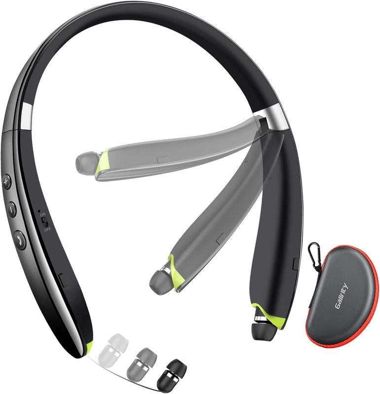 Photo 1 of Bluetooth Headset, 2023 Upgraded Neckband Bluetooth Headphones with Retractable Earbuds, Noise Cancelling Stereo Earphones with Mic, Foldable Wireless Headphones for Sports Office with Carry Case
