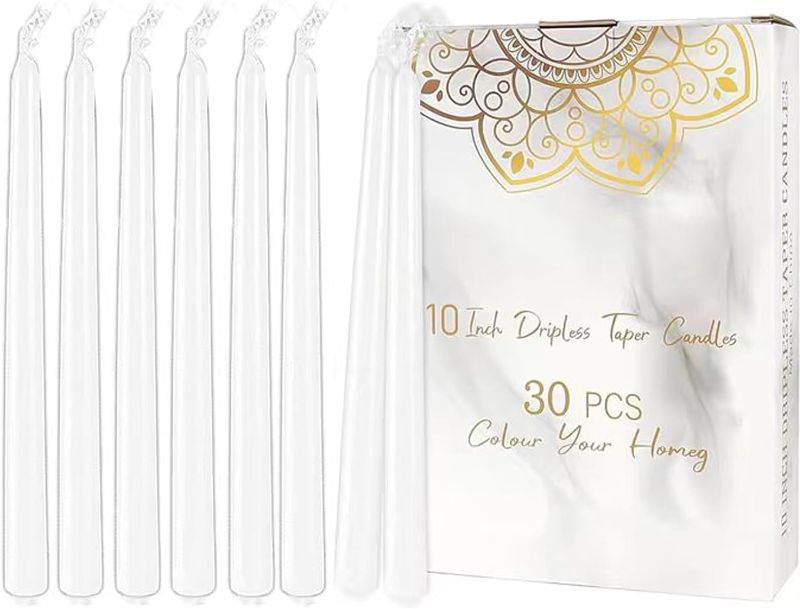 Photo 1 of RYGufamizi 30 Tall White Taper Candles -10 inch Drip Free, Odor Free, Smoke Free Dinner Candles - Cotton Core Paraffin - Burning Time 7-8 Hours
