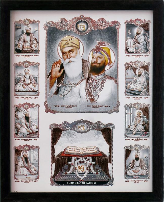 Photo 1 of Gurunank dev ji and Guru gobind Singh ji with Eight Other guru's and gurugranth Sahib ji, A Painting Poster with Frame, Must for Sikh Family Home/Office
