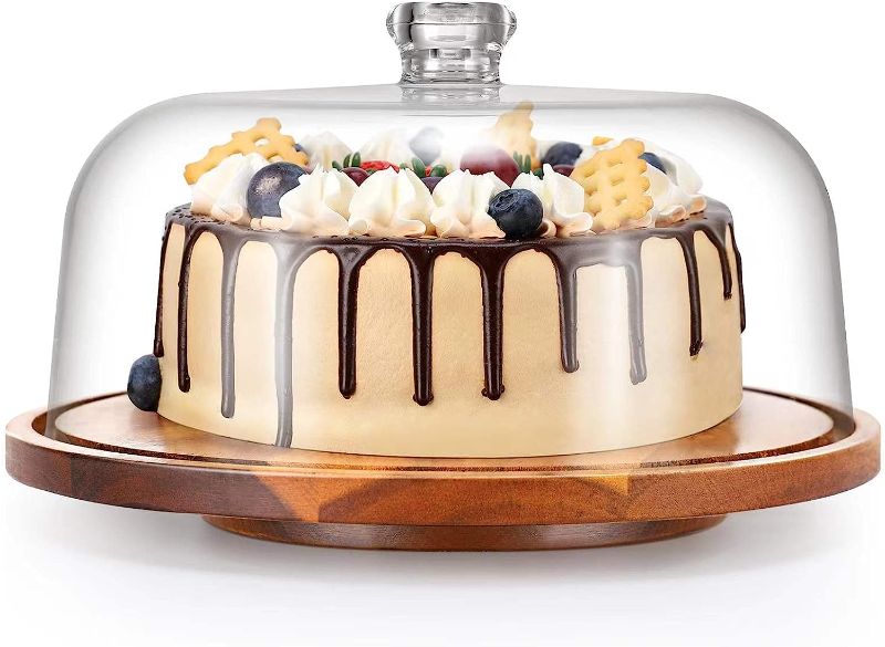 Photo 1 of Rotating Cake Stand with Clear Acrylic Dome Lid, Turntable Base, Display Server Tray for Kitchen,Birthday Parties,Weddings,Baking Gifts,Acacia Wood Lazy Susan with Cover
