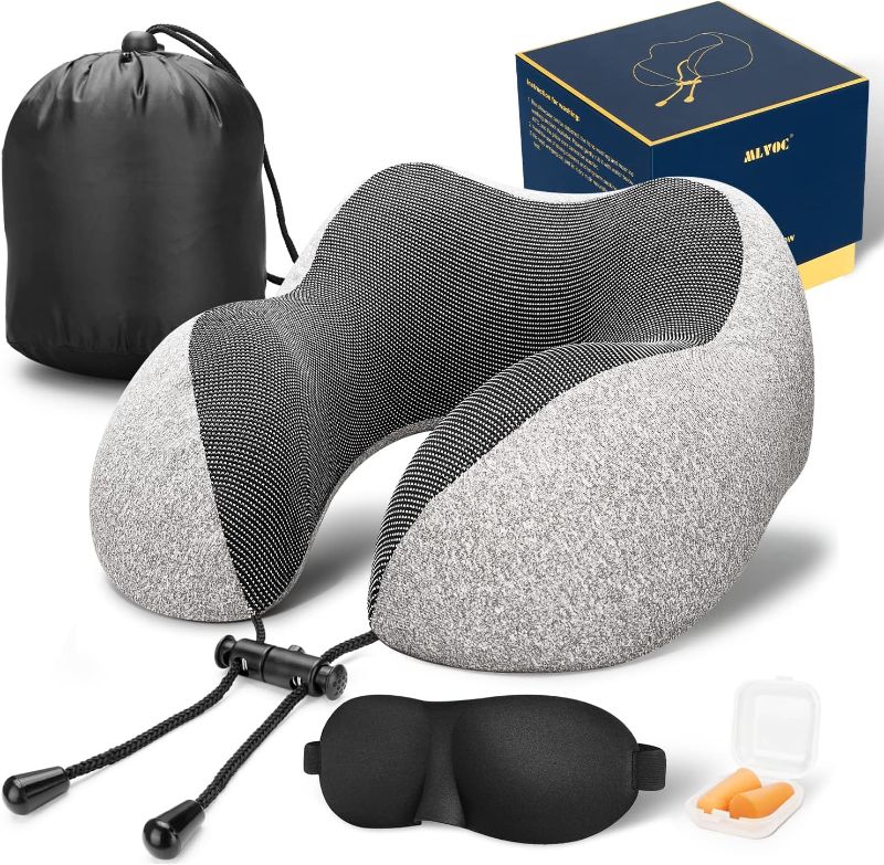 Photo 1 of MLVOC Travel Pillow 100% Pure Memory Foam Neck Pillow, Comfortable & Breathable Cover - Machine Washable, Airplane Travel Kit with 3D Sleep Mask, Earplugs, and Luxury Bag, Grey
