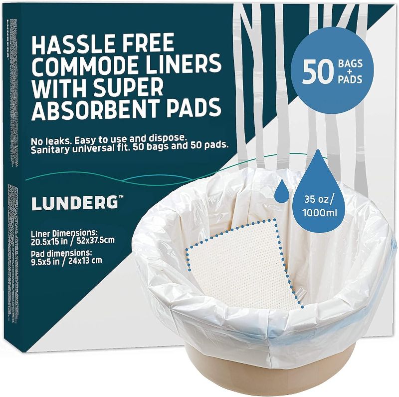 Photo 1 of Lunderg Commode Liners with Absorbent Pads - Value Pack Medical Grade 50 Count Universal Fit - Disposable Bedside Commode Liners and Pads for Adult Commode Chairs, Portable & Camping Toilet Bags
