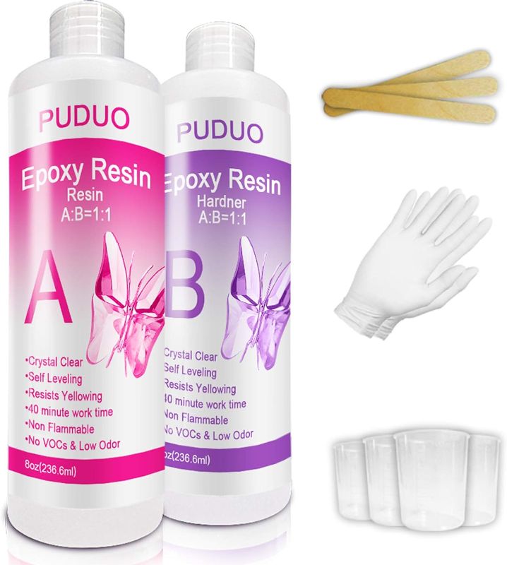 Photo 1 of Epoxy Resin Crystal Clear Kit for Art, Jewelry, Crafts, Coating- 16 OZ Including 8OZ Resin and 8OZ Hardener | Bonus 4 pcs Measuring Cups, 3pcs Sticks, 1 Pair Rubber Gloves by Puduo
