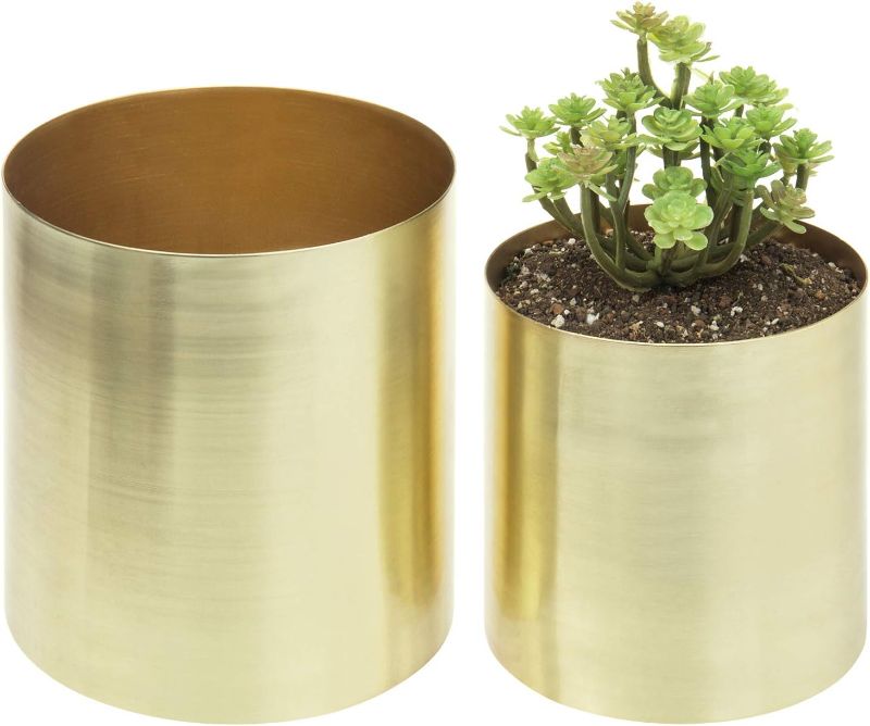 Photo 1 of MyGift Modern Brushed Brass Plated Indoor Plant Pot, Cylindrical Metal Vase, 5 and 6 Inch, Set of 2 - Handcrafted in India
