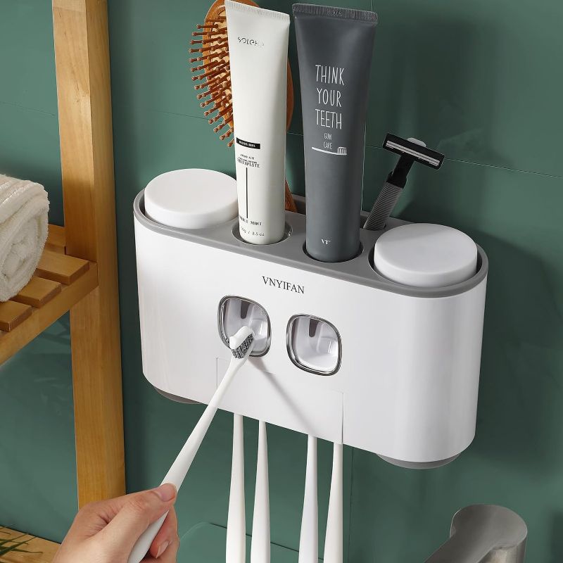 Photo 1 of Toothbrush Holder with Toothpaste Dispenser Wall Mounted for Bathroom-Automatic Electric Tooth Pastetooth Squeezer-Bathroom Organizer Storage Accessories Set for Kids with 4 Cups & 5 Toothbrush Slots
