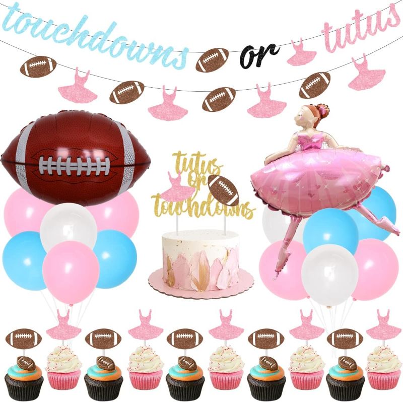 Photo 1 of Touchdowns or Tutus Gender Reveal Party Supplies, Touchdowns or Tutus Gender Reveal Balloons Banner Cake Toppers for Boy or Girl Pink and Blue Baby Shower Decorations
