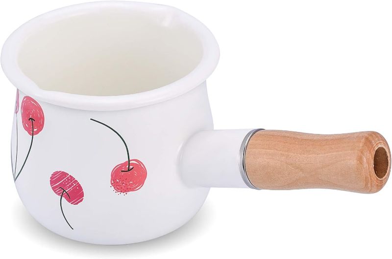 Photo 1 of YumCute Home Enamel Milk Pan, Mini Butter Warmer 4 Inch 17 Oz Enamelware Milk Warmer Saucepan Pan Small Cookware with Wooden Handle, Perfect Size for Heating Smaller Liquid Portions
