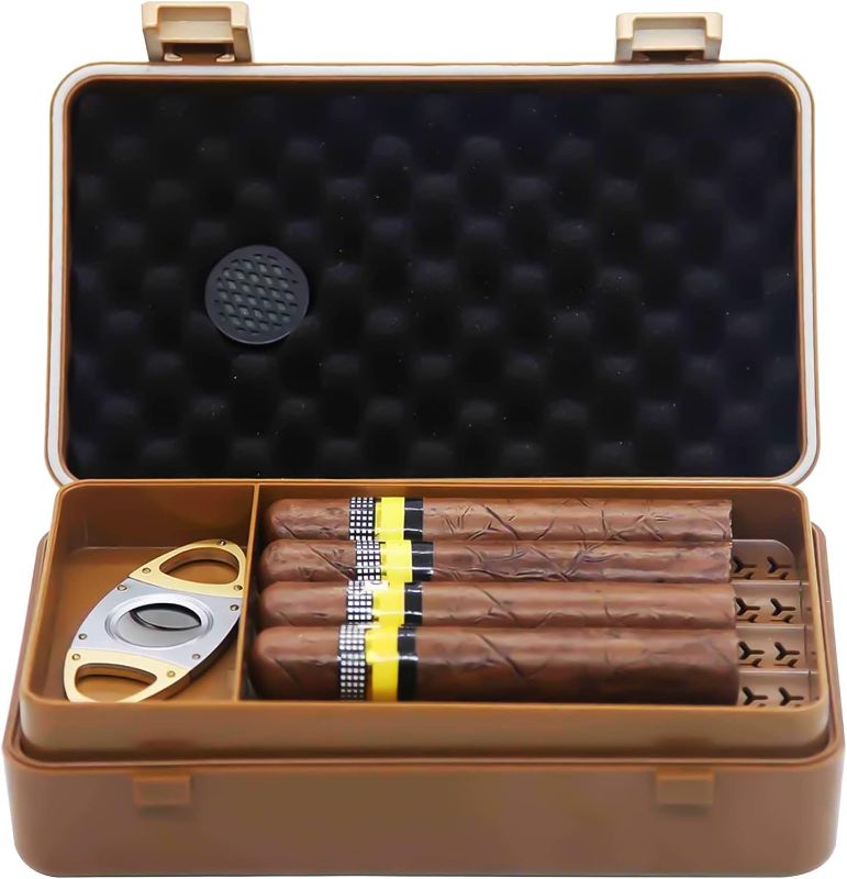 Photo 1 of Travel Cigar Humidor Case with Built in Meter, Waterproof, Airtight, Durable and Crushproof - Holds up to 5-10 Cigars, Stainless Steel Cigar Cutter Included, Gift for Men

