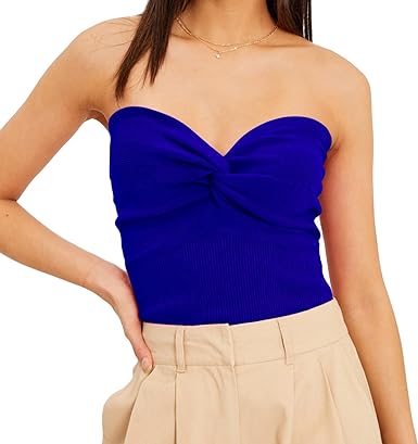 Photo 1 of Xaspee Knit Strapless Tube Top for Women Twist Knot Front Cutout Off Shoulder Crop Y2K Trendy Camisole Tank Top (L)