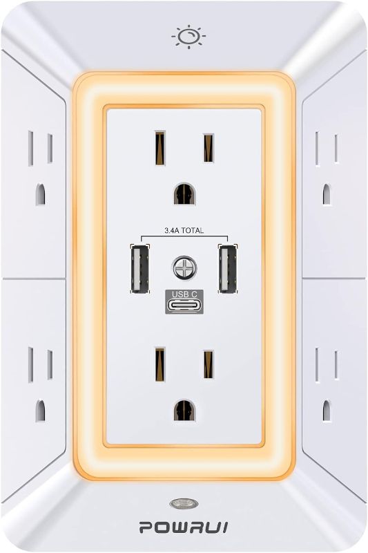 Photo 1 of Multi Plug Outlet Surge Protector - POWRUI 6 Outlet Extender with 3 USB Ports (1 USB C) and Night Light, 3-Sided Power Strip with Adapter Spaced Outlets - White?ETL Listed

