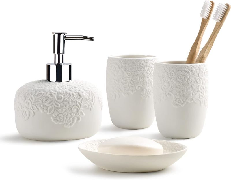 Photo 1 of Bathroom Accessories Set with Embossed Design 4PCS, Ceramic White Bathroom Accessory Set, 1Pcs Bathroom Soap Dispenser 14oz, 2Pcs Tumbler Cup, 1Pcs Soap Dish, ANTIS'S HOME
