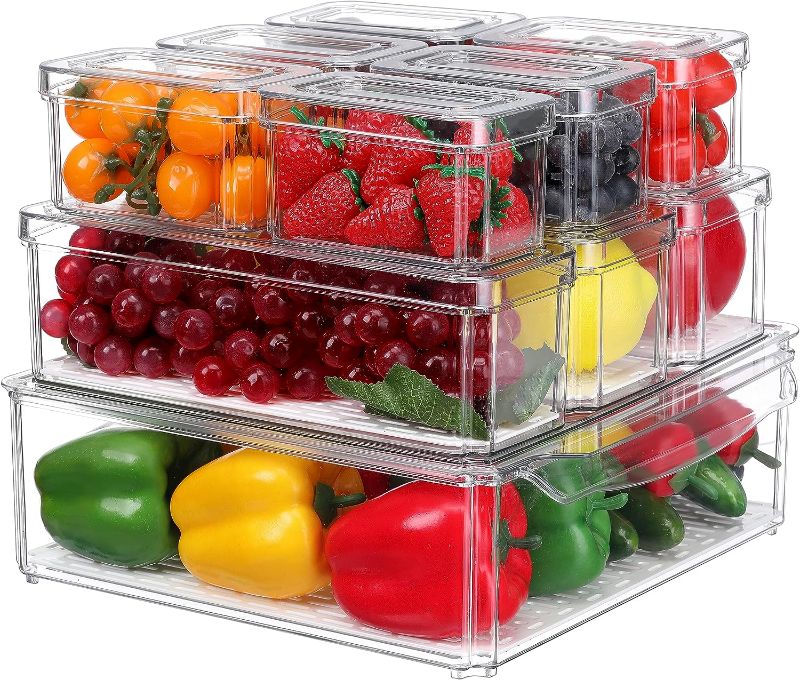 Photo 1 of KUMD 10 Pack Fridge Organizers and Storage, Stackable Refrigerator Organizer Bins with Lids, BPA-Free Produce Fruit Storage Containers for Fridge Organizers, for Food, Drinks, Vegetable
