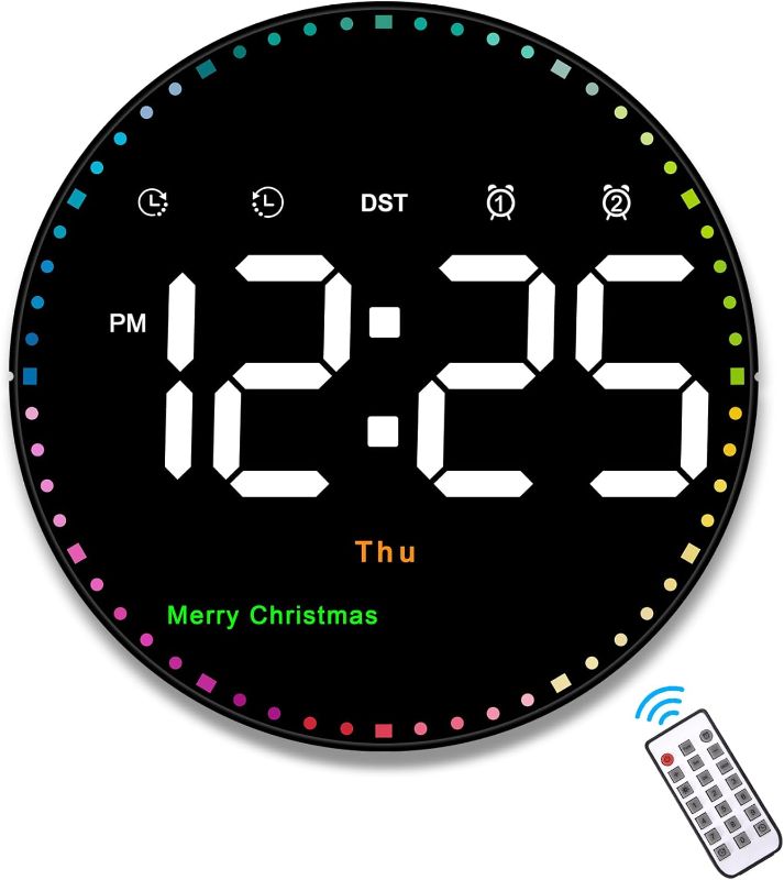 Photo 1 of Meloya Digital Large Wall Clock with Remote, 10" Colorful Dynamic Led Clock Large Display with Time Date Temp Week, Manual/Automatic Brightness,DST, Wall Clock for Office Kitchen Living Room Decor
