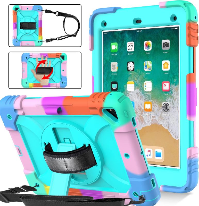 Photo 1 of BMOUO iPad 6th Generation Case,iPad 5th Generation Case,iPad 9.7 Case,iPad Air 2 Case,3 Layer Shockproof [360 Swivel Stand][Hand Strap][Pencil Holder] Kids Case for iPad 9.7" 2018/2017, Turquoise
