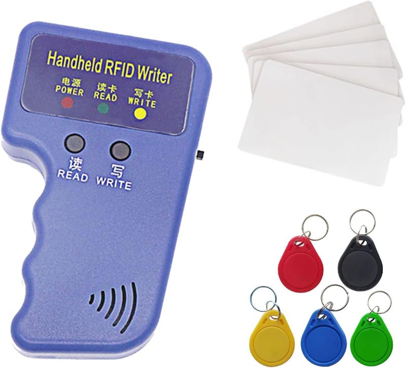 Photo 1 of Riversmerge Handheld 125khz Copier RFID Smart ID Card Duplicator Used for T5577 or EM4305+5pcs T5577 NO.3 Keychains +5 T5577 Cards

