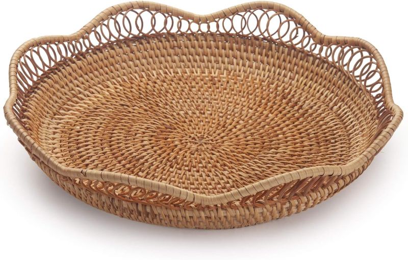Photo 1 of (2) Rattan Fruit Basket for Serving Woven Bread Tray for Cake Kitchen Counter Table Natural (11.8inch D x 3.5inch H)
