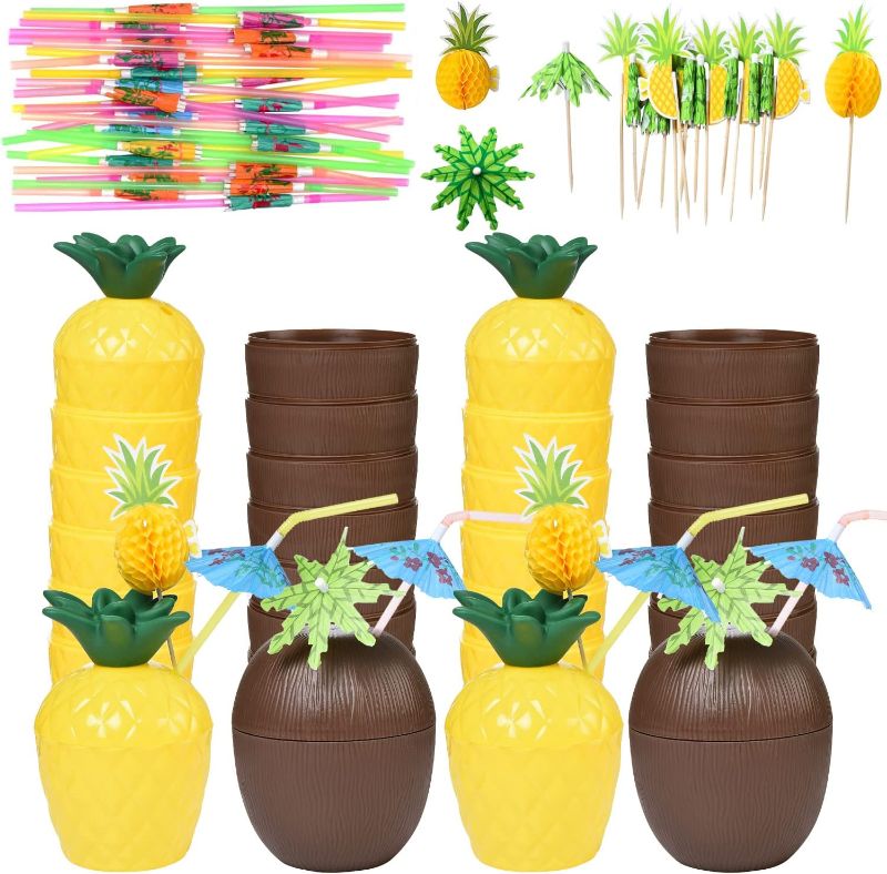 Photo 1 of Haundry 18 Coconut Pineapple Cups with 18 Straws, 18 Cocktail Drink Picks, Hawaiian Luau Tiki and Beach Theme Party Decorations for Kids and Adults
