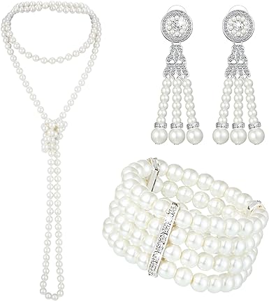 Photo 1 of Maitys 3 Pcs 1920s Pearl Jewelry Set Including Vintage Flapper Earrings Multilayer Imitation Pearl Necklace Bracelet for Women Girls
