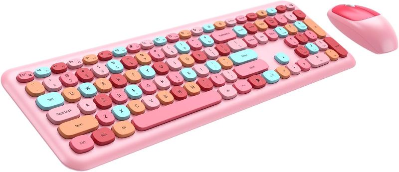 Photo 1 of Wireless Keyboard and Mouse Combo, 2.4GHz Full-Sized Colorful Cute Keyboard Mouse Set with Retro Typewriter Flexible Round Keys for Windows, Computer, Laptops, PC, Pink Colorful
