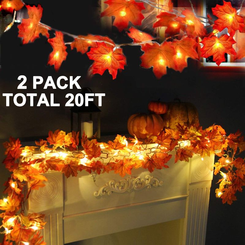 Photo 1 of 2 Pack Fall Decor Enlarged Maple Leaf Thanksgiving Decorations Fall Lights Thick Leaf Garlands,Total 20Ft 40LED Lights Battery Operated Waterproof Halloween Decorations Home Indoor Outdoor Autumn
