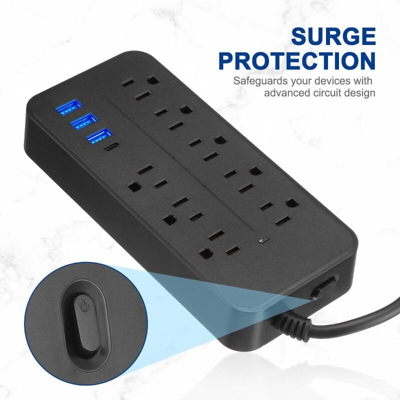 Photo 1 of EZONEDEAL Extension Lead with 3 USB Ports Desktop Power Strip Smart Charging Station 8 Outlets Surge Protection for Home Travel, Black
