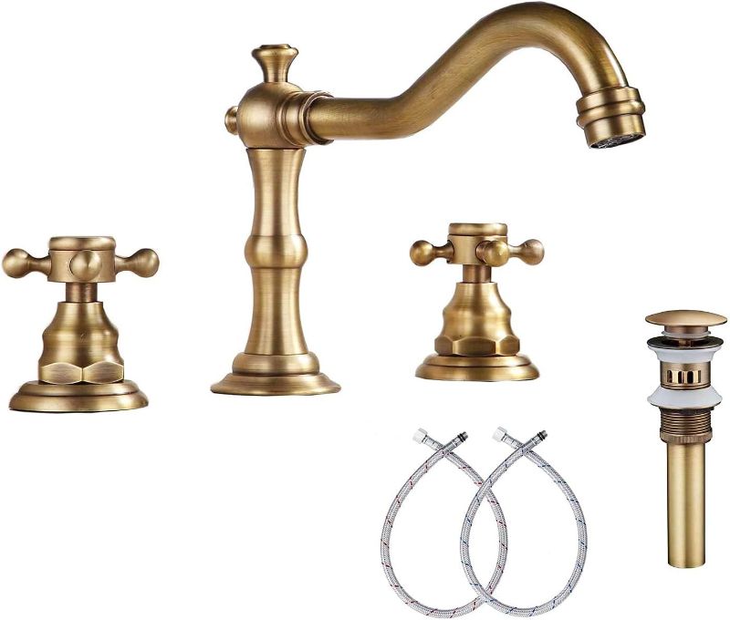 Photo 1 of GGStudy 8 inch 2 Handles 3 Holes Widespread Bathroom Sink Faucet Antique Brass Bathroom Vanity Faucet Basin Mixer Tap Faucet Matching Metal Pop Up Drain with Overflow
