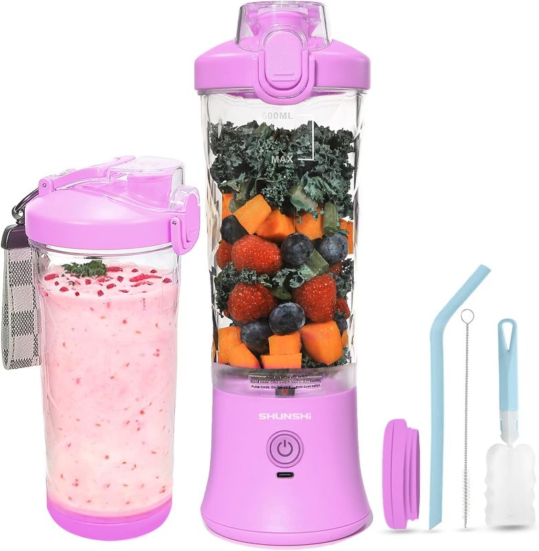 Photo 1 of SHUNSHI Portable Blender 20 Oz, Personal Size Blender for Shakes and Smoothies with 6 Blades, Mini Small Smoothie Blender Bottles for Kitchen, Home, Travel (Purple)
