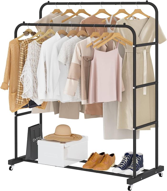 Photo 1 of Laiensia Double Rods Clothing Rack with Wheels, Garment Rack for Hanging Clothes, Multi-functional Bedroom Clothes Rack, Black

