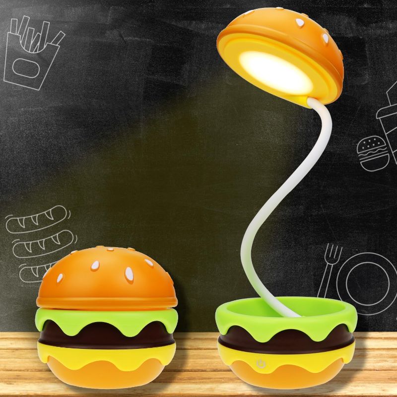 Photo 1 of Cute Desk Lamp for Kids, Rechargeable Hamburger Small Desk Lamps with Adjustable Neck Dimmable Touch Switch, Nursery Night Lights, Kawaii Desk Accessories, Kawaii Room Decor for Boys Girls Gifts
